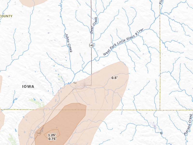 Radar-estimated hail-size map of the storm over Kingsley, IA on Jul 1, 2026