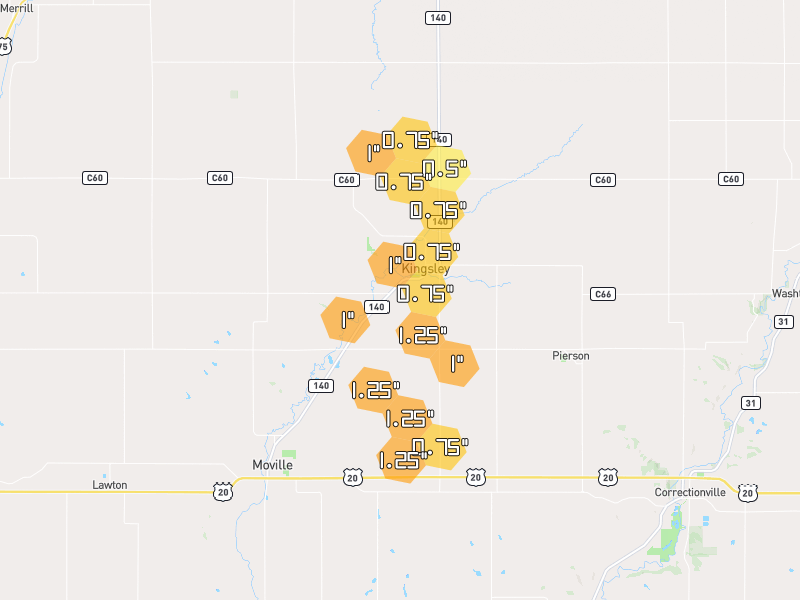 Hail map of Kingsley, IA on Jul 1, 2026, hail up to 1.25"
