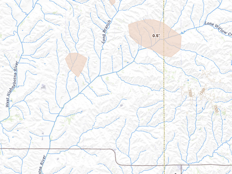 Radar-estimated hail-size map of the storm over Kirkman, IA on Aug 12, 2026