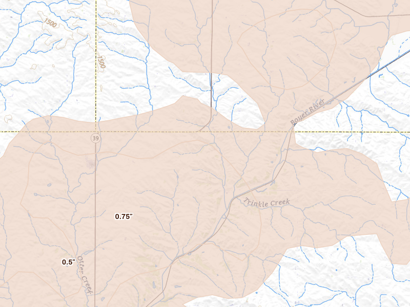 Radar-estimated hail-size map of the storm over Kiron, IA on Jul 8, 2026