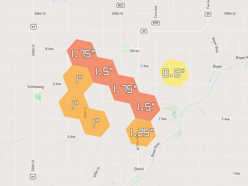 Hail map of Kiron, IA on Jul 8, 2026, hail up to 1.75"