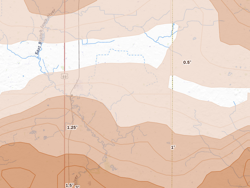 Radar-estimated hail-size map of the storm over Klemme, IA on May 15, 2026