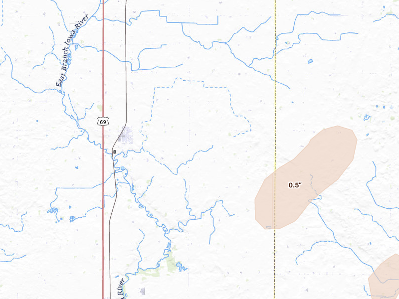 Radar-estimated hail-size map of the storm over Klemme, IA on Jul 1, 2026