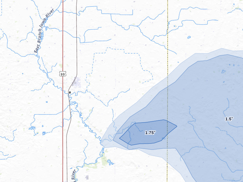 NEXRAD radar-signature map of the hail storm over Klemme, IA on Jul 1, 2026
