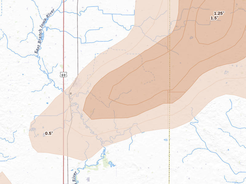 Radar-estimated hail-size map of the storm over Klemme, IA on Jul 2, 2026