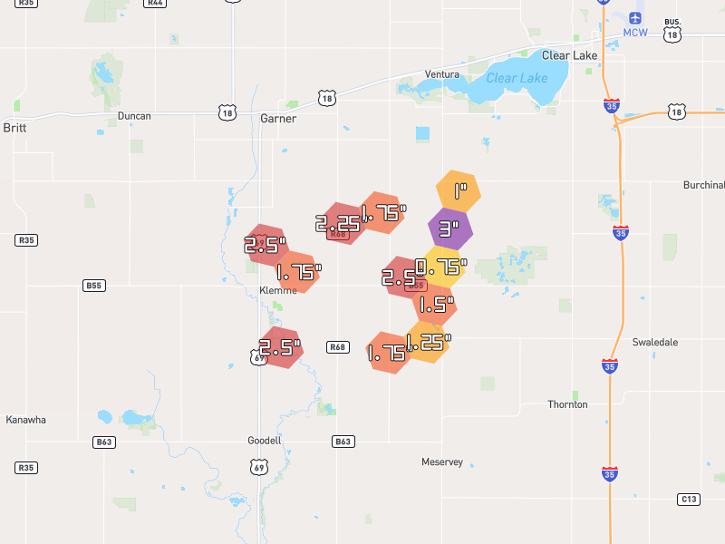 Hail map of Klemme, IA on Jul 2, 2026, hail up to 3"