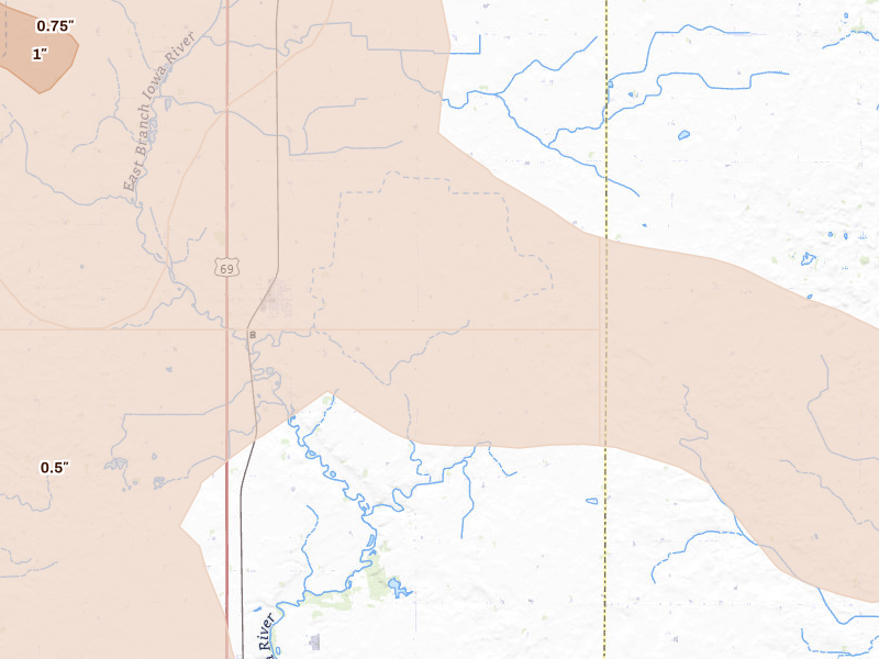 Radar-estimated hail-size map of the storm over Klemme, IA on Jul 20, 2026