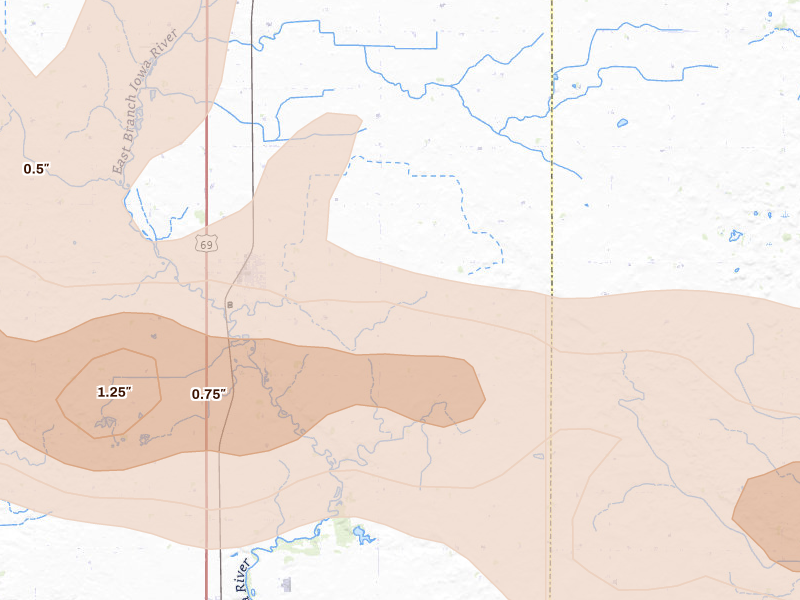 Radar-estimated hail-size map of the storm over Klemme, IA on Aug 7, 2026