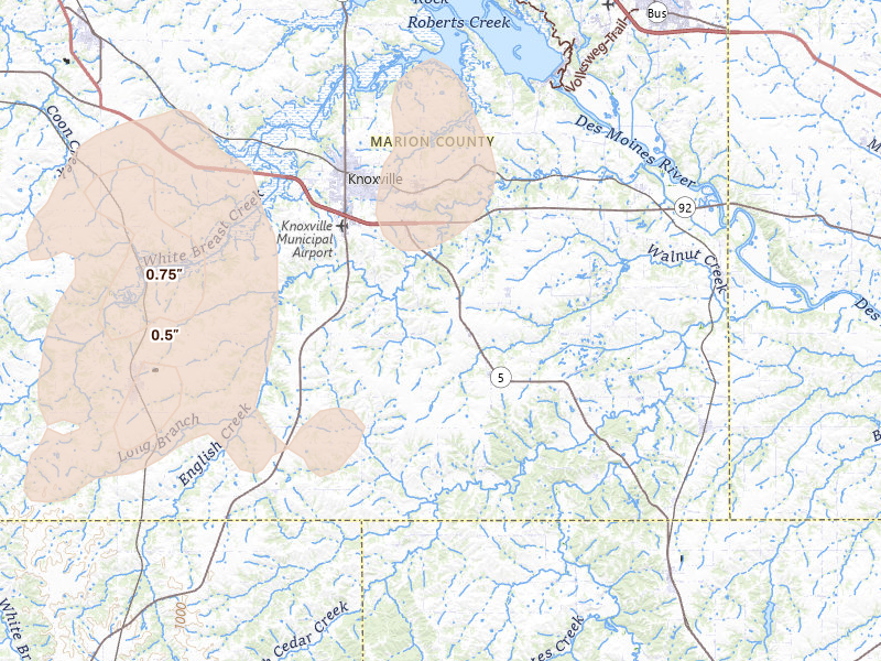 Radar-estimated hail-size map of the storm over Knoxville, IA on May 15, 2026