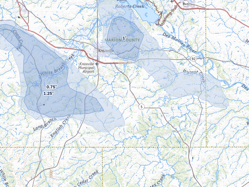 NEXRAD radar-signature map of the hail storm over Knoxville, IA on May 15, 2026
