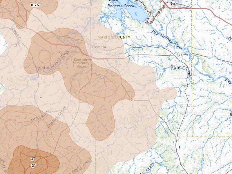 Radar-estimated hail-size map of the storm over Knoxville, IA on Jun 5, 2026