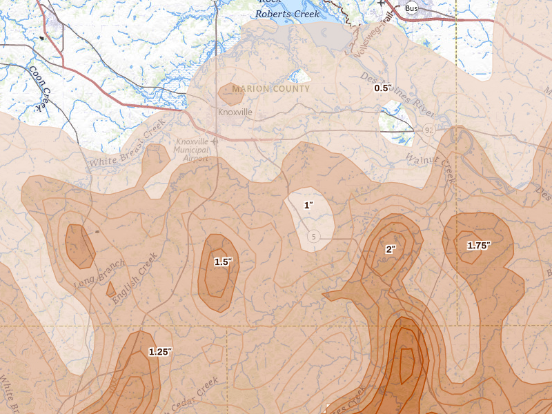 Radar-estimated hail-size map of the storm over Knoxville, IA on Jun 11, 2026