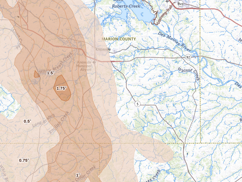 Radar-estimated hail-size map of the storm over Knoxville, IA on Jul 20, 2026