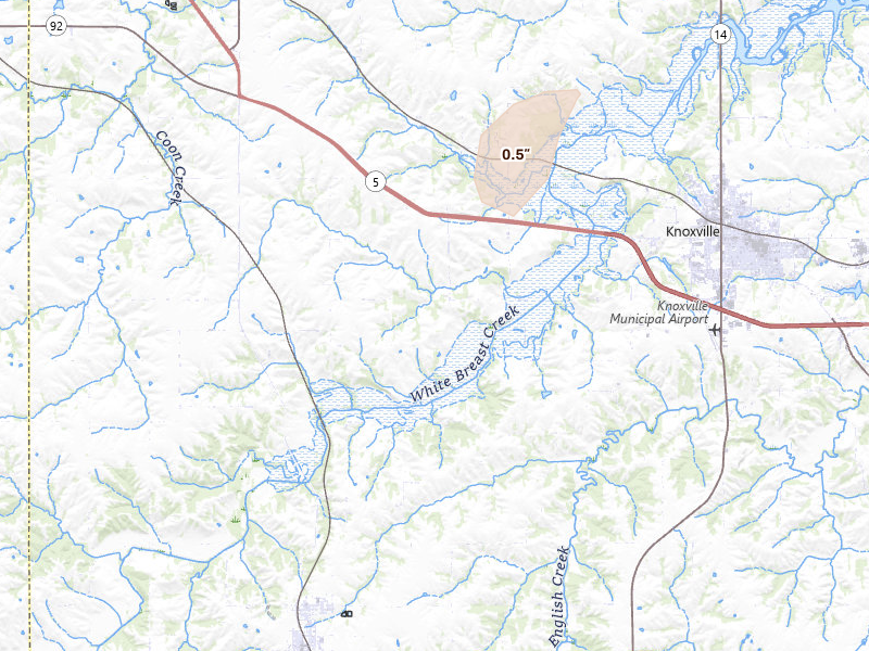 Radar-estimated hail-size map of the storm over Knoxville, IA on Aug 13, 2026