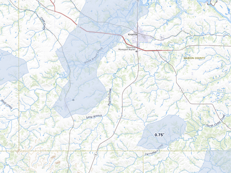 NEXRAD radar-signature map of the hail storm over Knoxville, IA on Aug 13, 2026