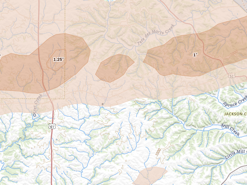 Radar-estimated hail-size map of the storm over La Motte, IA on Mar 10, 2026