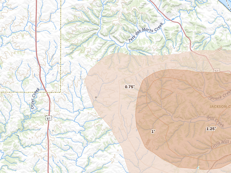 Radar-estimated hail-size map of the storm over La Motte, IA on Jul 3, 2026
