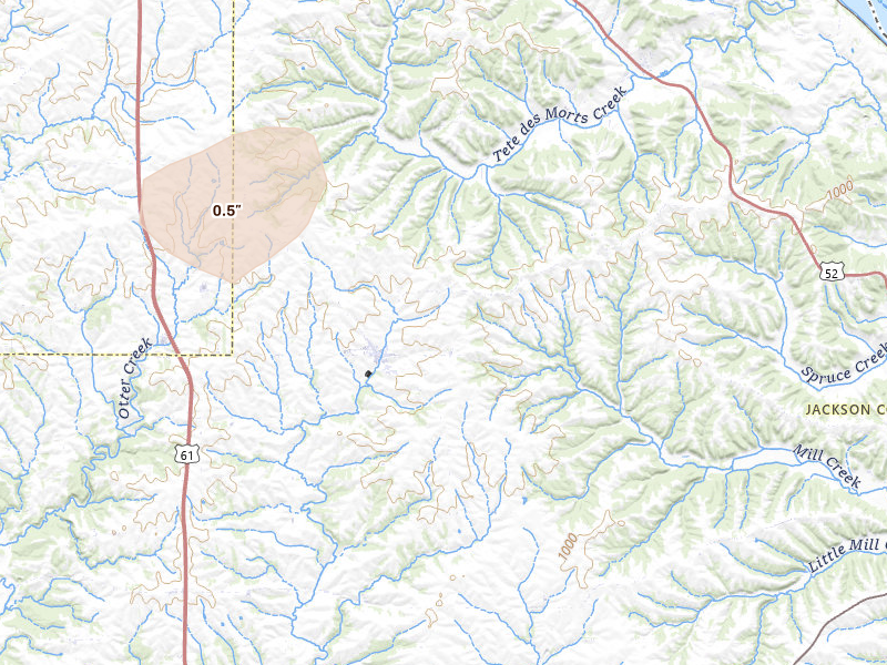Radar-estimated hail-size map of the storm over La Motte, IA on Jul 9, 2026