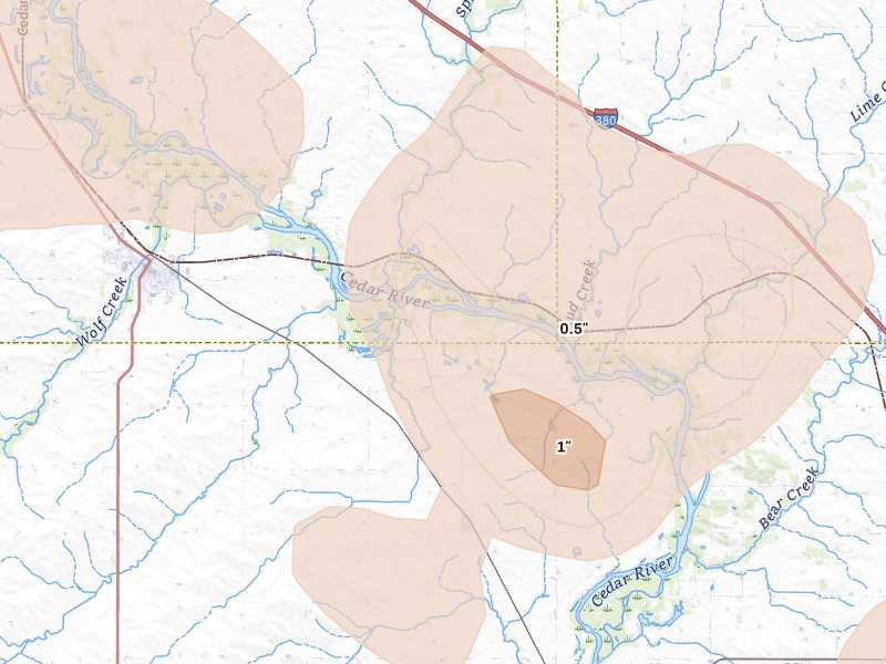 Radar-estimated hail-size map of the storm over La Porte City, IA on Jul 2, 2026