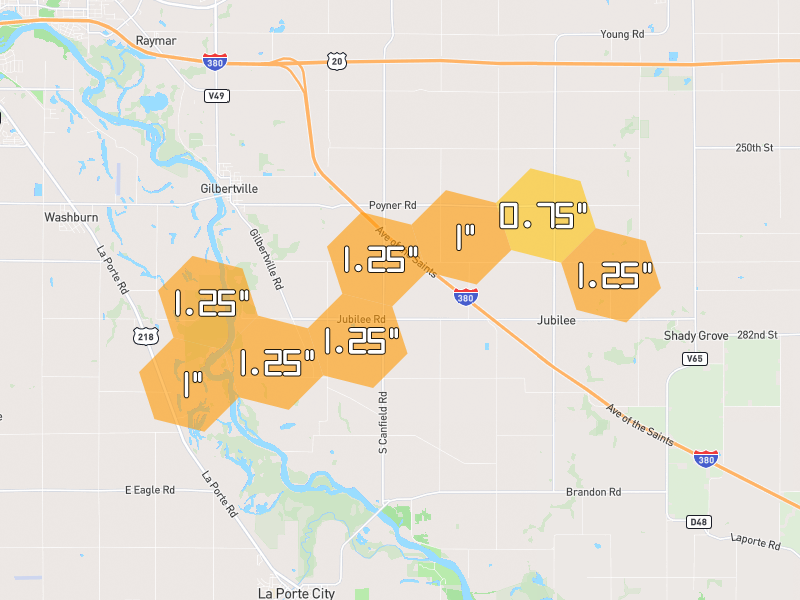 Hail map of La Porte City, IA on Jul 2, 2026, hail up to 1.5"