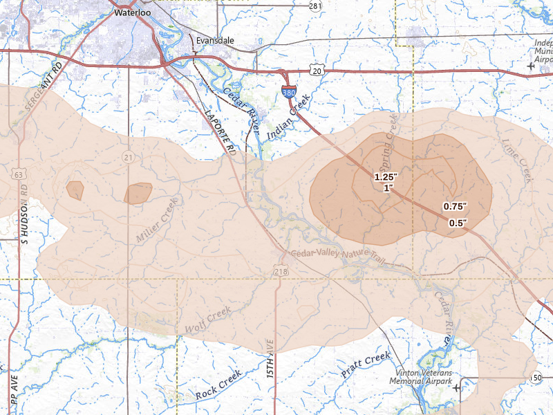 Radar-estimated hail-size map of the storm over La Porte City, IA on Aug 7, 2026