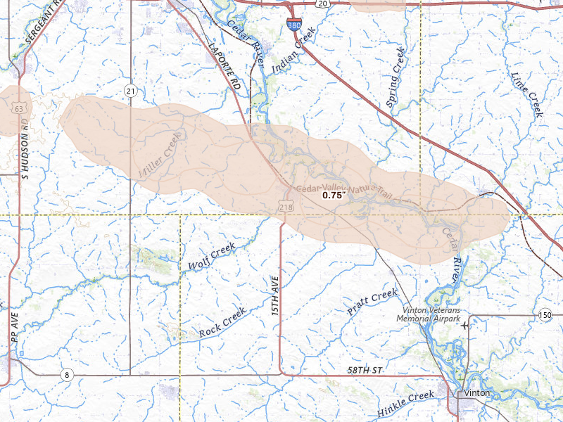 Radar-estimated hail-size map of the storm over La Porte City, IA on Aug 10, 2026