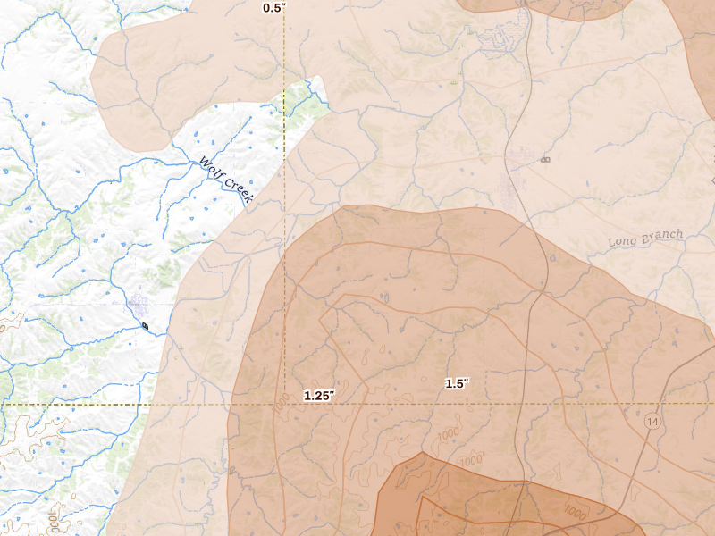Radar-estimated hail-size map of the storm over Lacona, IA on Jun 5, 2026