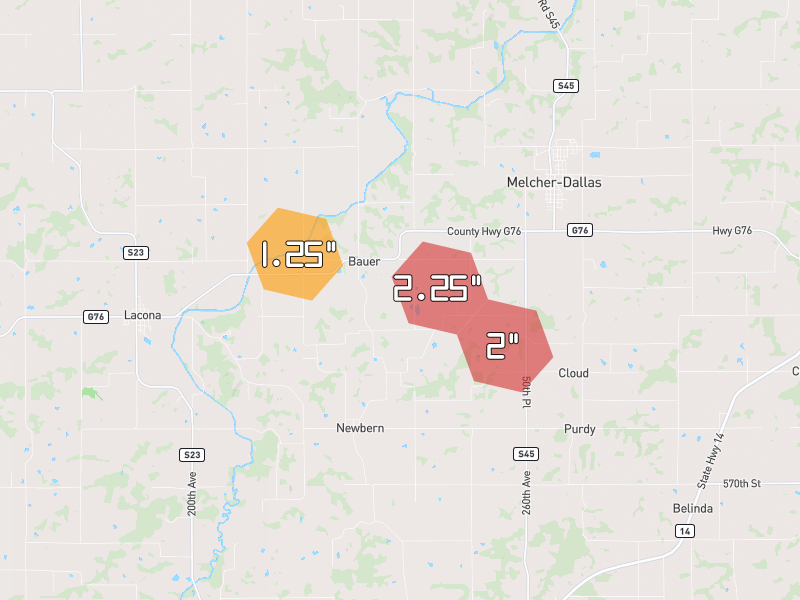 Hail map of Lacona, IA on Jun 6, 2026, hail up to 2.25"