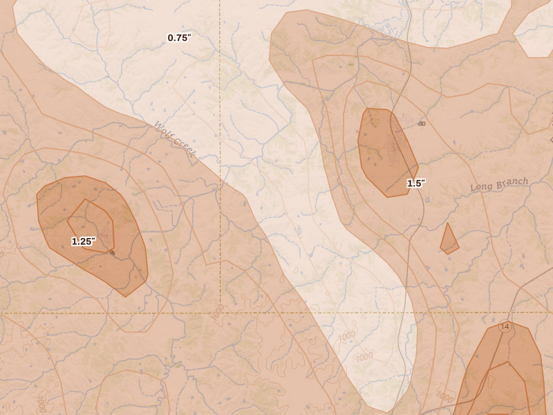 Radar-estimated hail-size map of the storm over Lacona, IA on Jun 11, 2026