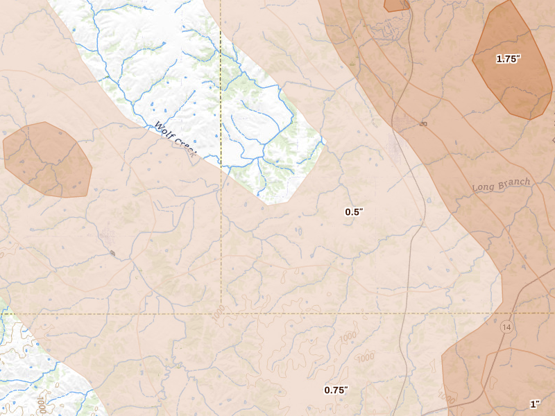 Radar-estimated hail-size map of the storm over Lacona, IA on Jul 20, 2026