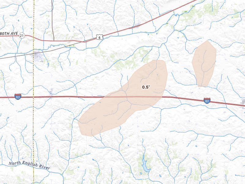 Radar-estimated hail-size map of the storm over Ladora, IA on Mar 30, 2026