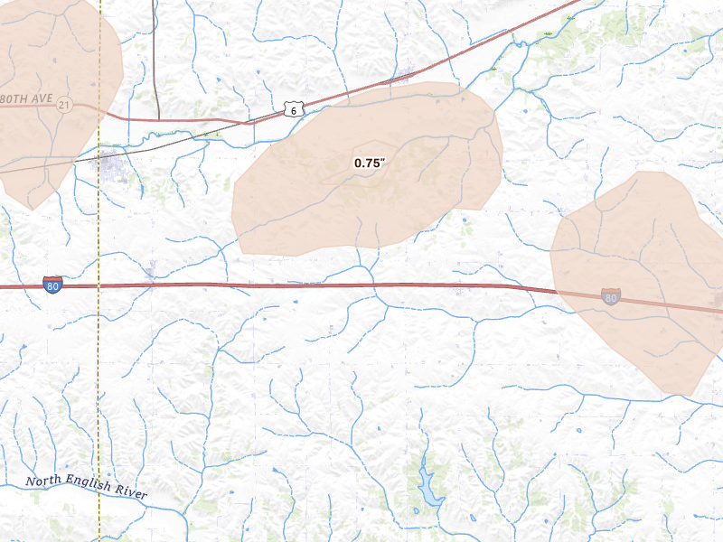 Radar-estimated hail-size map of the storm over Ladora, IA on Jul 3, 2026