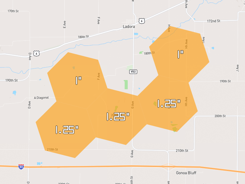 Hail map of Ladora, IA on Jul 3, 2026, hail up to 1.25"