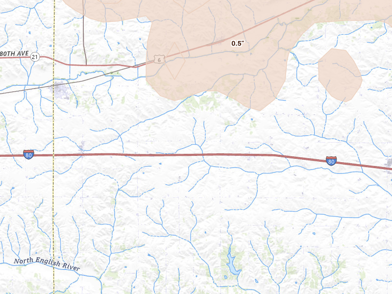 Radar-estimated hail-size map of the storm over Ladora, IA on Aug 11, 2026
