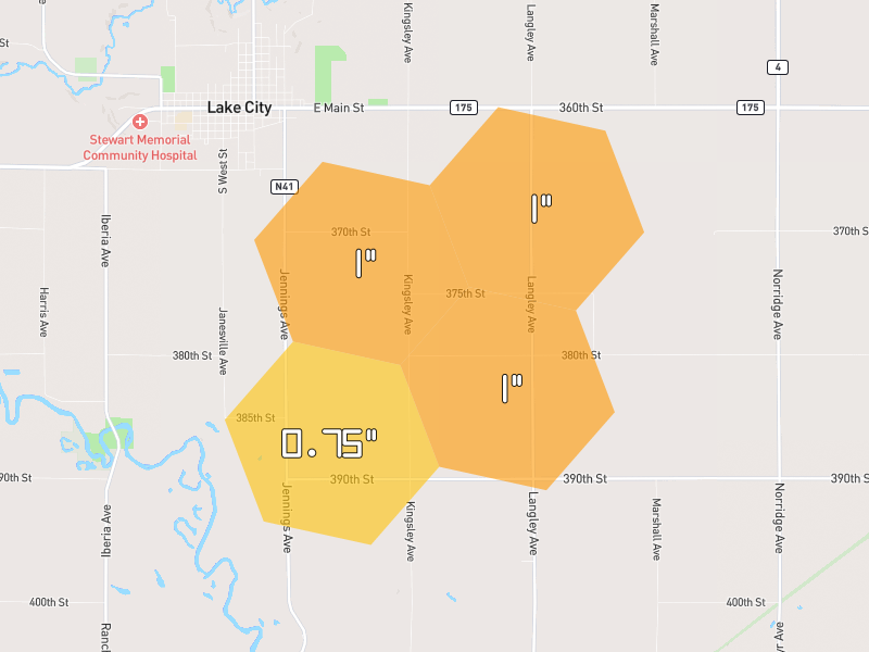Hail map of Lake City, IA on Jul 2, 2026, hail up to 1"
