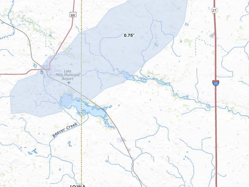 NEXRAD radar-signature map of the hail storm over Lake Mills, IA on Jul 1, 2026
