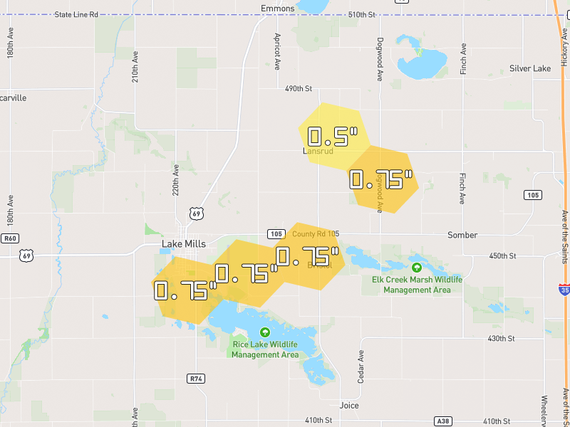 Hail map of Lake Mills, IA on Jul 1, 2026, hail up to 0.75"