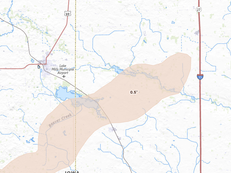 Radar-estimated hail-size map of the storm over Lake Mills, IA on Jul 2, 2026