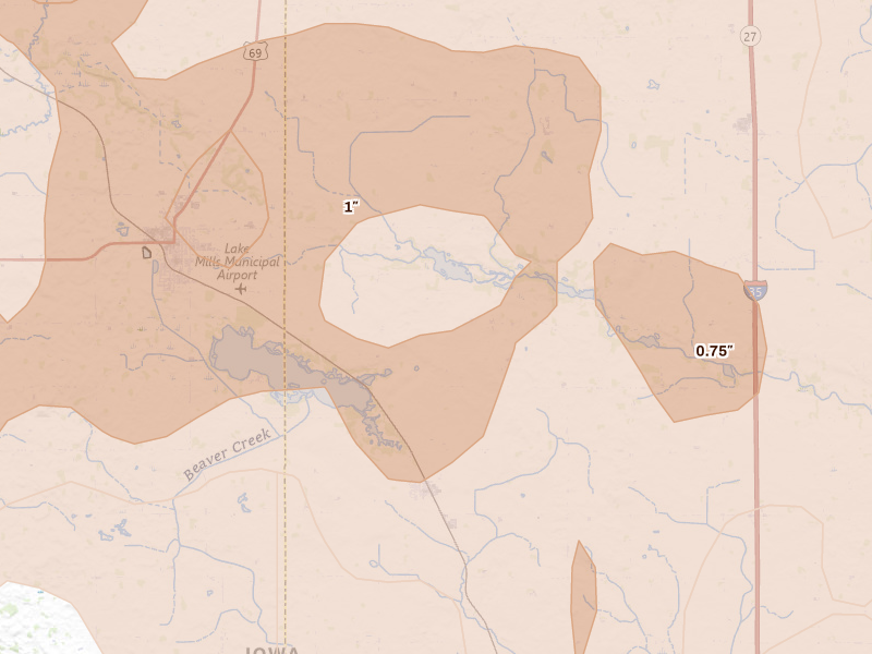 Radar-estimated hail-size map of the storm over Lake Mills, IA on Aug 7, 2026