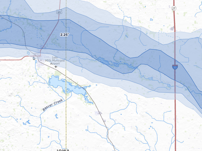 NEXRAD radar-signature map of the hail storm over Lake Mills, IA on Aug 7, 2026