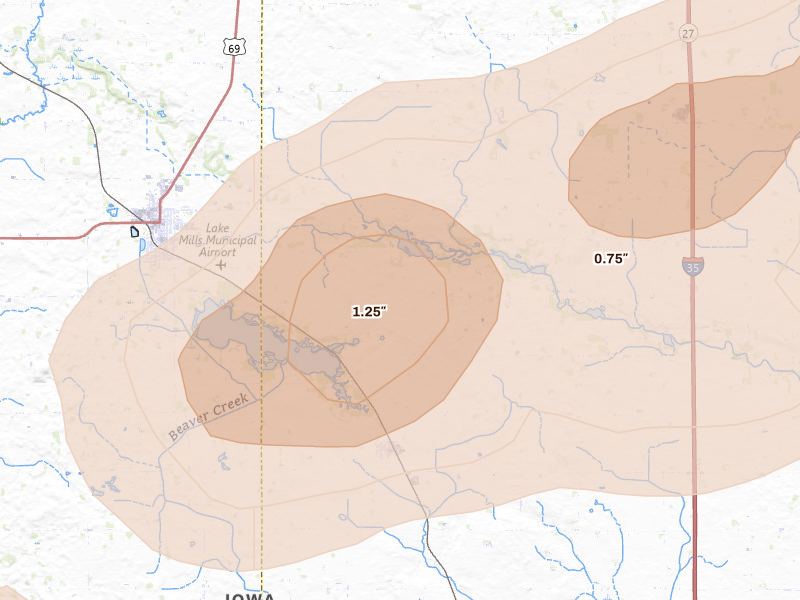 Radar-estimated hail-size map of the storm over Lake Mills, IA on Sep 1, 2026