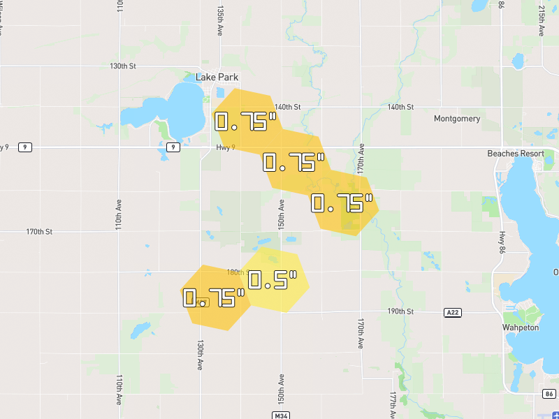 Hail map of Lake Park, IA on Jul 1, 2026, hail up to 0.75"
