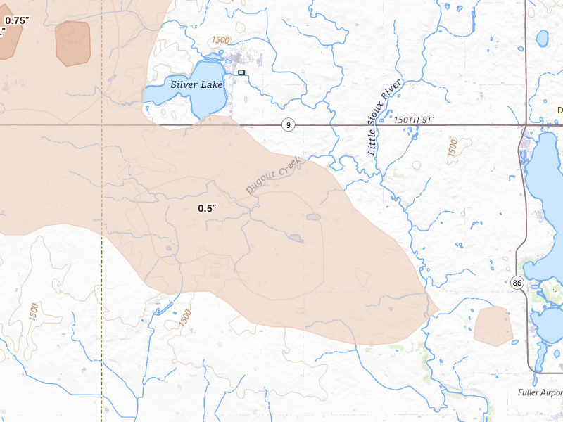 Radar-estimated hail-size map of the storm over Lake Park, IA on Aug 7, 2026
