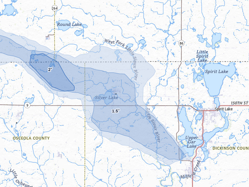 NEXRAD radar-signature map of the hail storm over Lake Park, IA on Aug 7, 2026