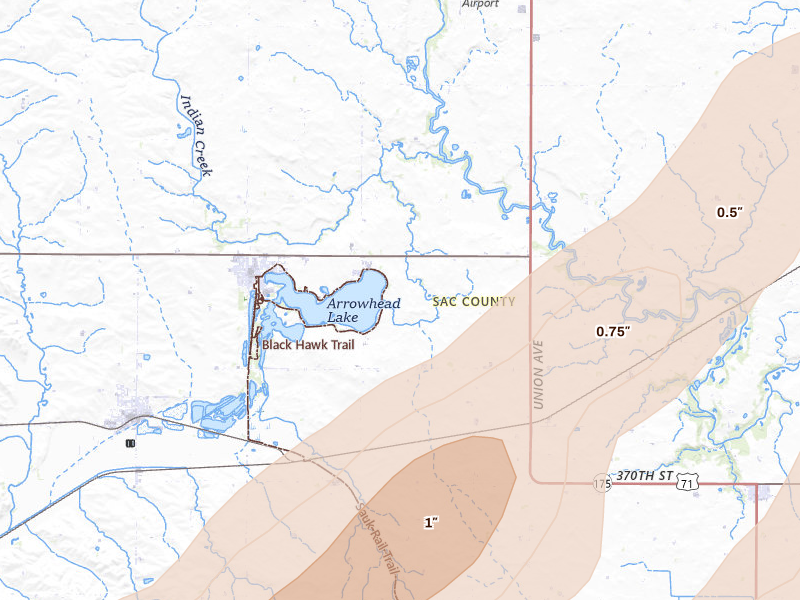 Radar-estimated hail-size map of the storm over Lake View, IA on Apr 23, 2026