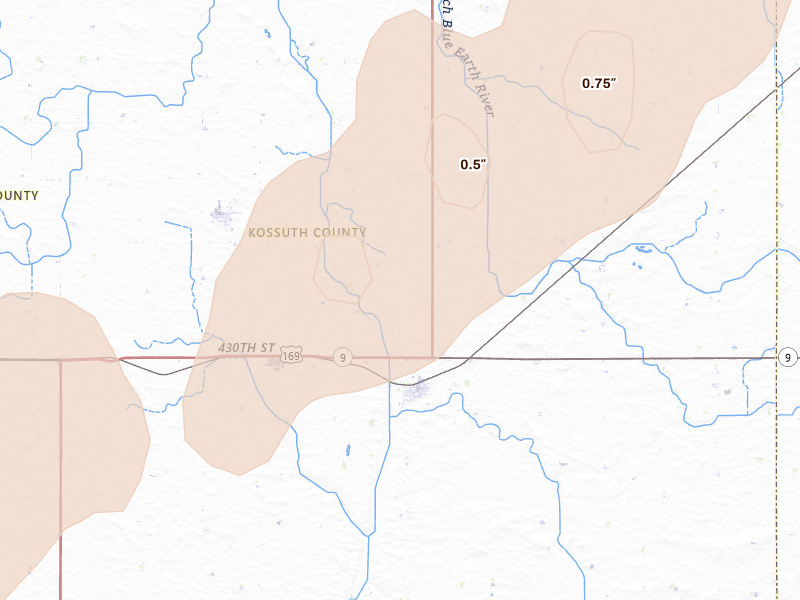 Radar-estimated hail-size map of the storm over Lakota, IA on Apr 11, 2026