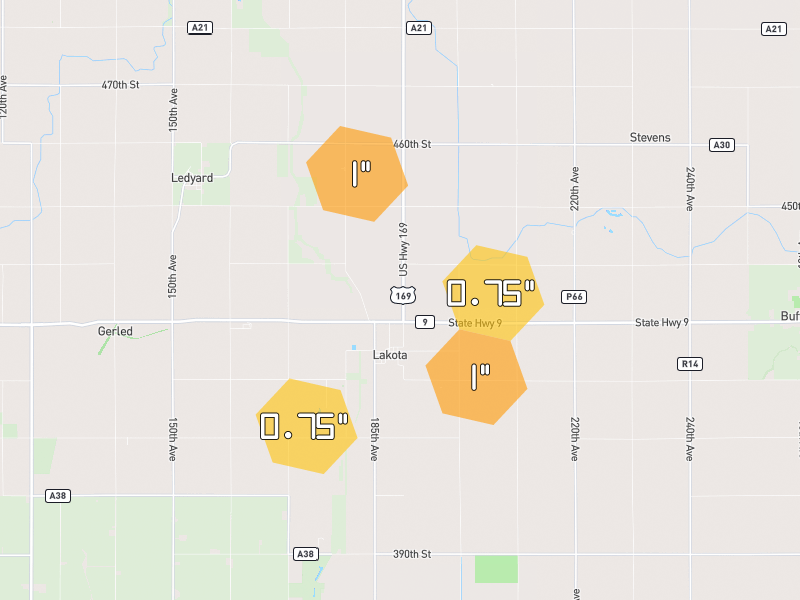 Hail map of Lakota, IA on Jul 1, 2026, hail up to 1"