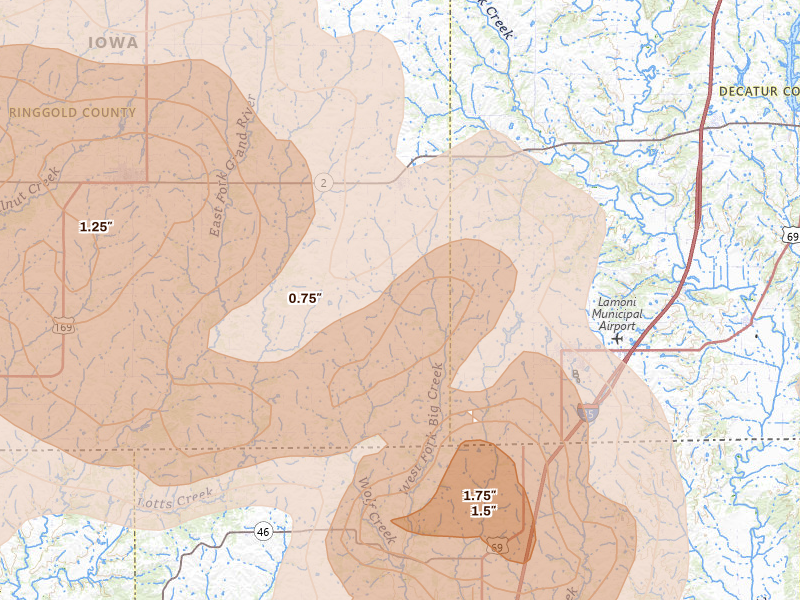 Radar-estimated hail-size map of the storm over Lamoni, IA on May 16, 2026
