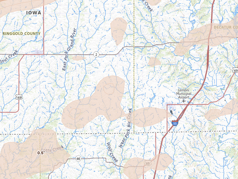 Radar-estimated hail-size map of the storm over Lamoni, IA on Jun 10, 2026