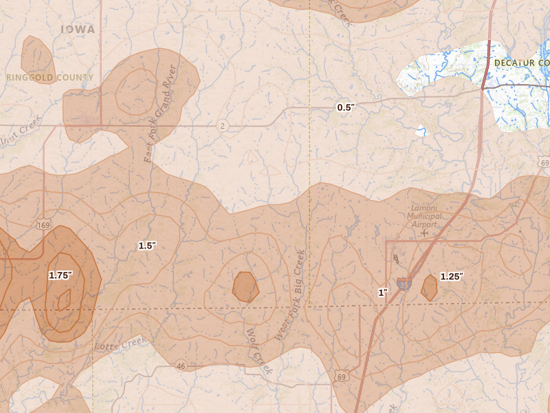 Radar-estimated hail-size map of the storm over Lamoni, IA on Jun 11, 2026